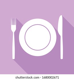 Fork, Knife and Plate sign. White Icon with long shadow at purple background. Illustration.