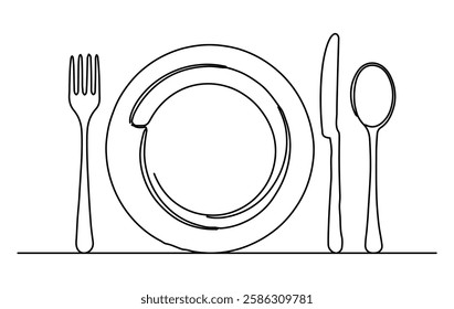 Fork, knife, plate and spoon, drawn in a simple single line. The white background perfectly complements the design.