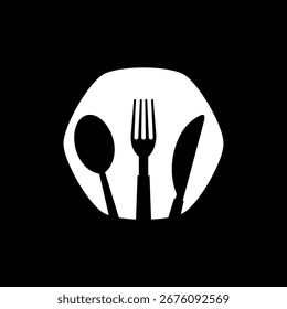 Tenedor, cuchillo, placa y cuchara icono aislado sobre fondo negro
