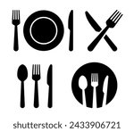 Fork, knife, plate and spoon. Menu symbol. Restaurant icon. Plate, fork, knife, spoon, cutlery icon set. Vector