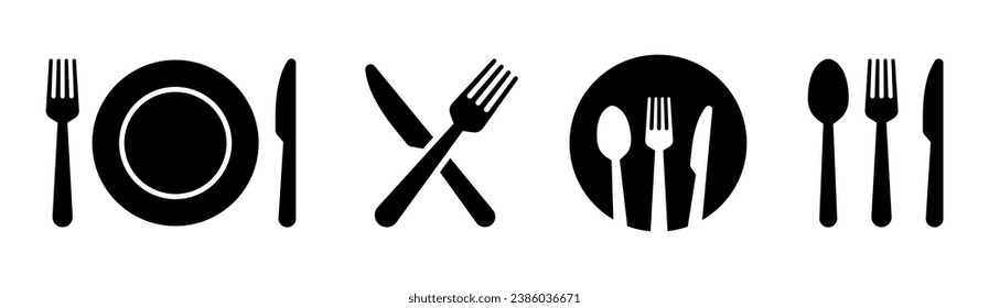 Fork, knife, plate and spoon. Menu symbol. Restaurant icon. Food, plate, fork, knife, spoon, cutlery icon set. Vector