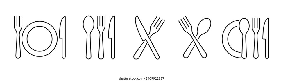 Fork, knife, plate and spoon. Menu symbol. Silverware icons. Black silverware icon. Vector illustration.