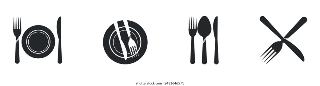 Fork, knife, plate and spoon. Menu symbol. Restaurant icon. Food, plate, fork, knife, spoon, cutlery icon set. Vector