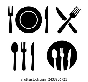 Fork, knife, plate and spoon. Menu symbol. Restaurant icon. Plate, fork, knife, spoon, cutlery icon set. Vector