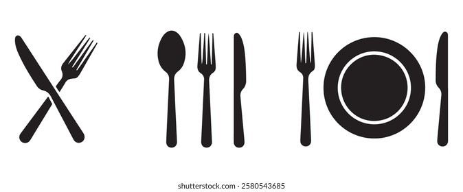 Fork, knife, plate and spoon. Menu symbol. Restaurant icon. Food, plate, fork, knife, spoon, cutlery icon set. Vector