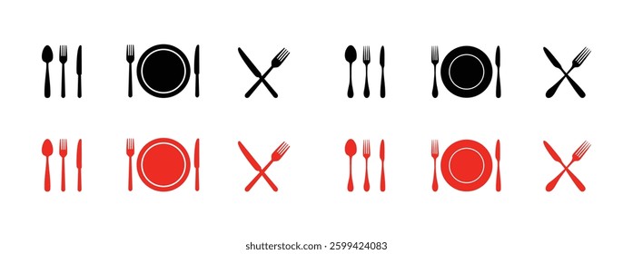 Fork, knife, plate and spoon. Menu symbol. Restaurant icon. Food, plate, fork, knife, spoon, cutlery icon set. Vector 