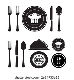 Fork, knife, plate and spoon. Menu symbol. Restaurant icon. Food, plate, fork, knife, spoon, cutlery icon set .eps