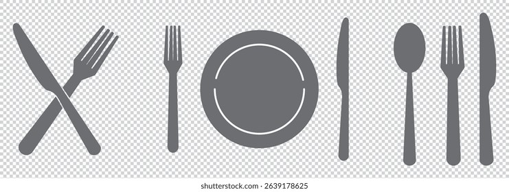 Fork, knife, plate and spoon. Menu symbol. Restaurant icon. Food, plate, fork, knife, spoon, cutlery icon set EPS 10