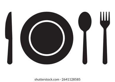 Fork, knife, plate and spoon. Menu symbol. Restaurant icon. Restaurant icon. Food, plate, fork, knife, spoon, cutlery icon set. eps 10