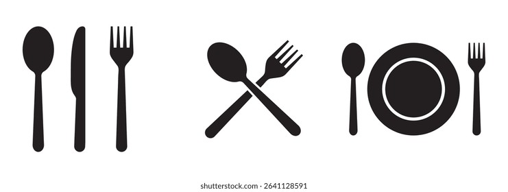 Fork, knife, plate and spoon. Menu symbol. Restaurant icon. Restaurant icon. Food, plate, fork, knife, spoon, cutlery icon set. eps 10