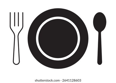 Fork, knife, plate and spoon. Menu symbol. Restaurant icon. Restaurant icon. Food, plate, fork, knife, spoon, cutlery icon set. eps 10