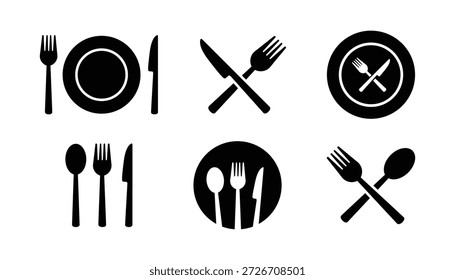 Symbole für Gabel, Messer, Teller und Löffel. Geschirrset. Restaurant-Symbol. Menüsymbol. Besteck-Symbolsatz. Vektorgrafik