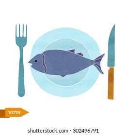 Fork, knife, plate, spoon, tuna fish top view watercolor set closeup isolated on white background 