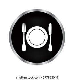 fork, knife, plate - vector icon on a black button