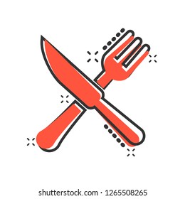 Fork and knife restaurant icon in comic style. Dinner equipment vector cartoon illustration pictogram. Restaurant business concept splash effect.