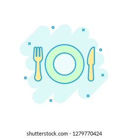 Fork and knife restaurant icon in comic style. Dinner equipment vector cartoon illustration pictogram. Restaurant business concept splash effect.
