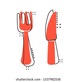 Fork And Knife Restaurant Icon In Comic Style. Dinner Equipment Vector Cartoon Illustration Pictogram Splash Effect.