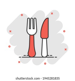 Fork and knife restaurant icon in comic style. Dinner equipment vector cartoon illustration pictogram. Restaurant business concept splash effect.