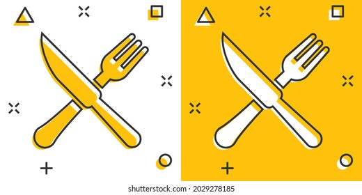 Fork and knife restaurant icon in comic style. Dinner equipment vector cartoon illustration pictogram. Restaurant business concept splash effect.