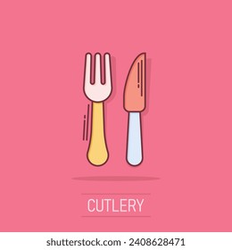 Fork and knife restaurant icon in comic style. Dinner equipment vector cartoon illustration pictogram. Restaurant business concept splash effect.