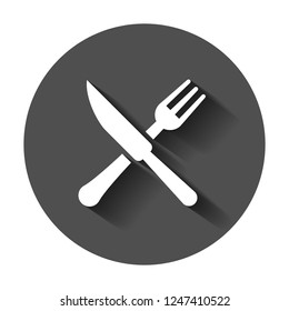 Fork and knife restaurant icon in flat style. Dinner equipment vector illustration with long shadow. Restaurant business concept.