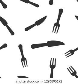 Fork and knife restaurant icon seamless pattern background. Dinner equipment vector illustration. Restaurant symbol pattern.