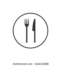 Fork and knife round shape icon logo. Simple flat shape sign. Restaurant cafe kitchen diner place menu symbol. Vector illustration image. Isolated on white background.