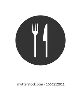 Fork and knife round shape icon logo. Simple flat shape sign. Restaurant cafe kitchen diner place menu symbol. Vector illustration image. Isolated on white background.