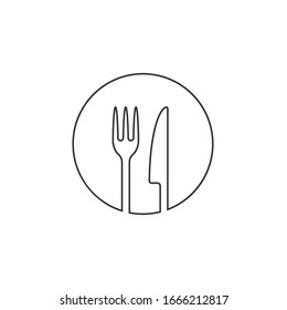 Fork and knife round shape icon logo. Simple flat shape sign. Restaurant cafe kitchen diner place menu symbol. Vector illustration image. Isolated on white background.