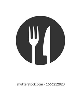 Fork and knife round shape icon logo. Simple flat shape sign. Restaurant cafe kitchen diner place menu symbol. Vector illustration image. Isolated on white background.