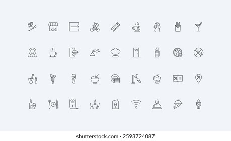 Fork and knife to serve dinner and lunch, plate, table thin black outline symbols vector illustration. Order food on restaurant menu and delivery, waiters tray and chefs hat line icon set