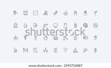 Fork and knife to serve dinner and lunch, plate, table thin black outline symbols vector illustration. Order food on restaurant menu and delivery, waiters tray and chefs hat line icon set