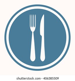 Fork and knife set in blue circle and on white background