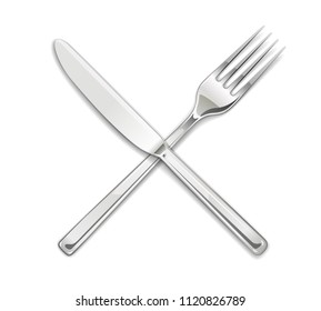 Fork, knife. Set of utensils for eating. Food dishes. Stainless tableware. Kitchen equipment. Cooking tools. Serving. Isolated white background. EPS10 vector illustration.