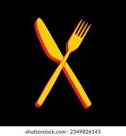 Schild Gabel und Knife. 3D-extrudiertes gelbes Symbol mit roten Seiten auf schwarzem Hintergrund. Illustration.
