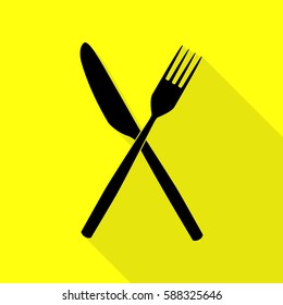 Fork and Knife sign. Black icon with flat style shadow path on yellow background.