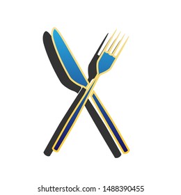 Fork and Knife sign. Blue icon with gold contour with dark gray shadow at white background. Illustration.