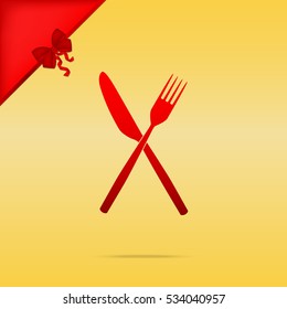 Fork and Knife sign. Christmas design red icon on gold background.
