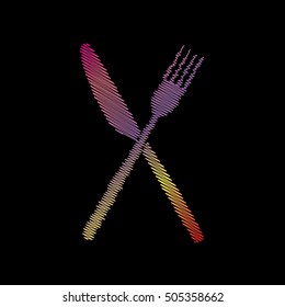 Fork and Knife sign. Coloful chalk effect on black backgound.