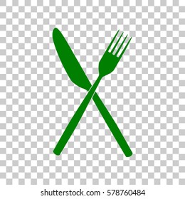 Fork and Knife sign. Dark green icon on transparent background.