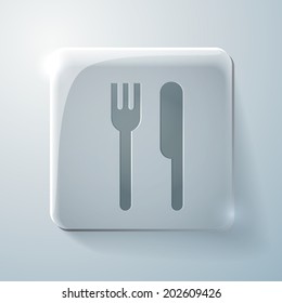 fork and knife sign. Glass square icon with highlights