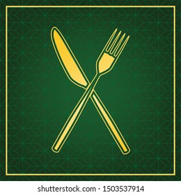 Fork and Knife sign. Golden icon with gold contour at dark green gridded white background. Illustration.