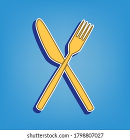Fork and Knife sign. Golden Icon with White Contour at light blue Background. Illustration.