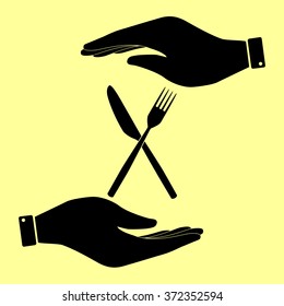 Fork and Knife sign. Save or protect symbol by hands.