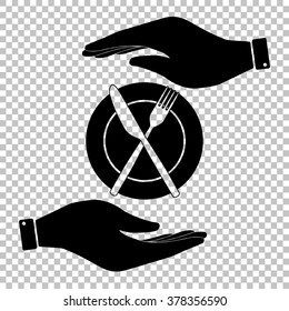 Fork and Knife sign. Save or protect symbol by hands.