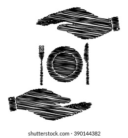Fork and Knife sign. Save or protect symbol by hands with scribble effect.
