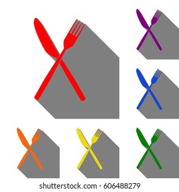 Fork and Knife sign. Set of red, orange, yellow, green, blue and violet icons at white background with flat shadow.