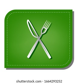 Fork and Knife sign. Silver gradient line icon with dark green shadow at ecological patched green leaf. Illustration.