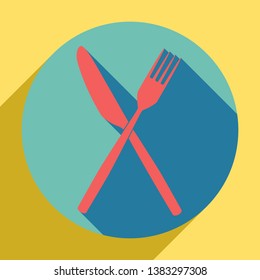 Fork and Knife sign. Sunset orange icon with llapis lazuli shadow inside medium aquamarine circle with different goldenrod shadow at royal yellow background.