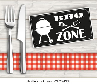 Fork with knife and sign with text "BBQ Zone". Eps 10 vector file.